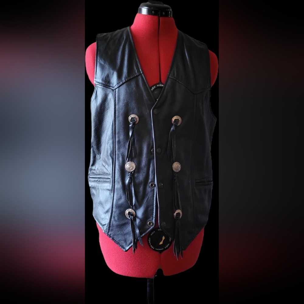 Men's Black Leather Vest with Button Details